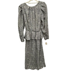 NWT Vtg NOS Maree Womens Peplum Dress Long Sleeve Pleated Formal Black White‎ 12